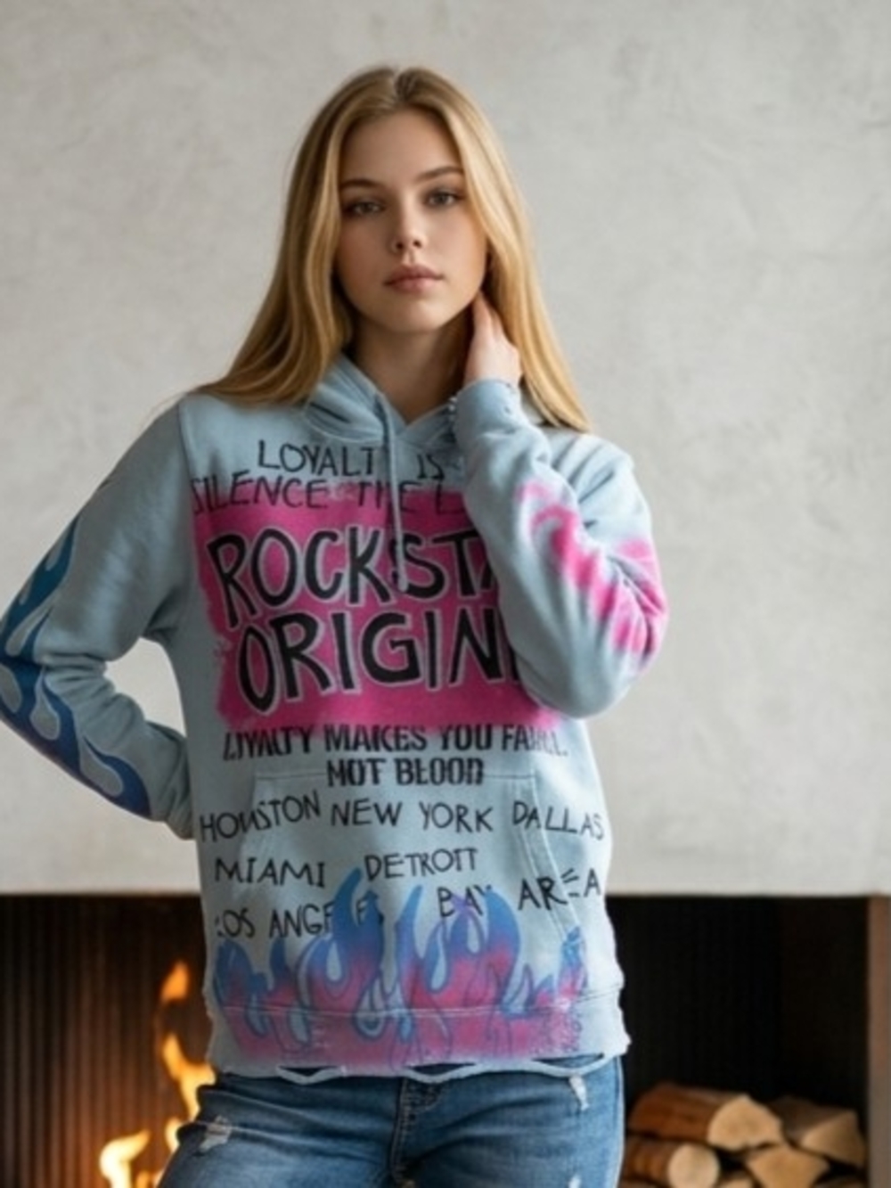 Rockstar Original Blue/Pink Flame Hoodie with a Beno Distressed Graphic Design S